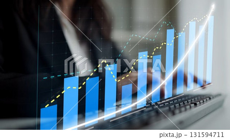 Business professional analyzing data trends with graphs on screen, showcasing increasing statistics and growth, financial success and productivity in modern workplace Copula 131594711