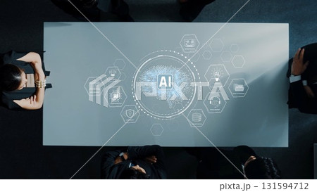 Business Meeting Focused on Artificial Intelligence Strategy with Innovative Digital Brain Concept on Modern Conference Table. Raster 131594712