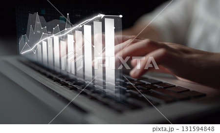 Business professional interpreting data with laptop, digital graphs showcasing performance metrics, hands typing on keyboard, modern workspace concept Copula 131594848