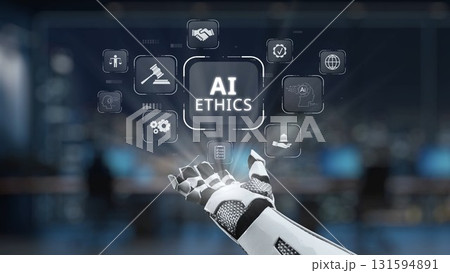 Futuristic robotic hand reaching towards icons representing ethical considerations and elements of artificial intelligence in a technology-driven environment Synapse 131594891