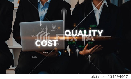 Business professionals discussing metrics of cost and quality in a modern office environment, showcasing data-driven decision making and collaboration. Raster Business professionals discussing metrics of cost and quality in a modern office environment, showcasing data-driven decision making and collaboration. Raster 131594907