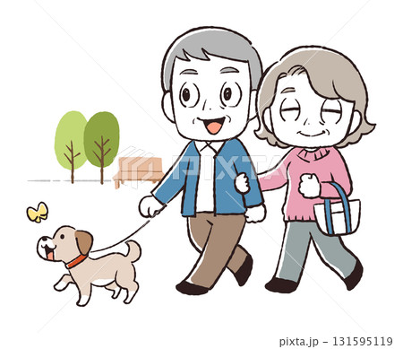 犬の散歩をしているシニア夫婦のイラスト 犬の散歩をしているシニア夫婦のイラスト 131595119