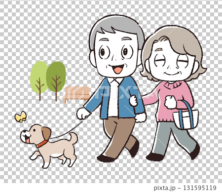 一對老年夫婦遛狗的插圖 131595119
