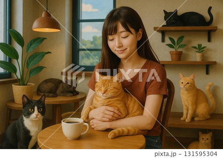 猫カフェ 女性 イメージ フォトリアル 猫カフェ 女性 イメージ フォトリアル 131595304