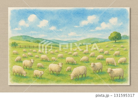 羊　ひつじ　牧場　放牧　水彩画 131595317
