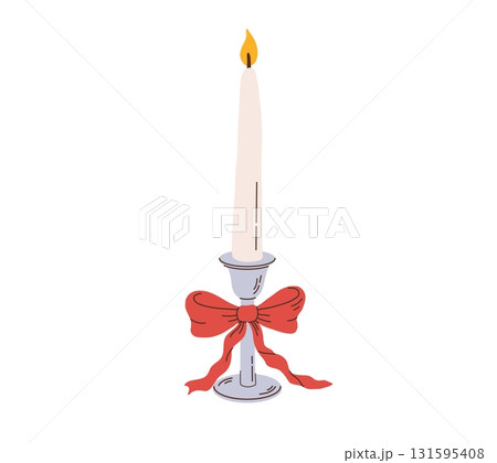 Cartoon Christmas candle with candlestick and bow vector illustration. Wedding decoration 131595408