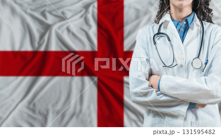 Medical professional on England flag. Healthcare and wellness in England, Concept Medical professional on England flag. Healthcare and wellness in England, Concept 131595482