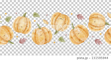Seamless pumpkin border with colorful autumn leaves. Hand-drawn watercolor illustration in childish Halloween style. Horizontal banner isolated on background for card design, nursery decor, wallpaper Seamless pumpkin border with colorful autumn leaves. Hand-drawn watercolor illustration in childish Halloween style. Horizontal banner isolated on background for card design, nursery decor, wallpaper 131595944