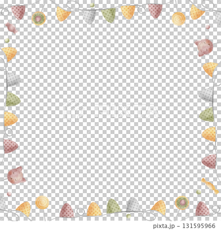 Halloween frame sweets, colorful garland, flags. Hand-drawn watercolor illustration in childish style, isolated from the background, suitable for designing invitations, cards, templates, greetings Halloween frame sweets, colorful garland, flags. Hand-drawn watercolor illustration in childish style, isolated from the background, suitable for designing invitations, cards, templates, greetings 131595966