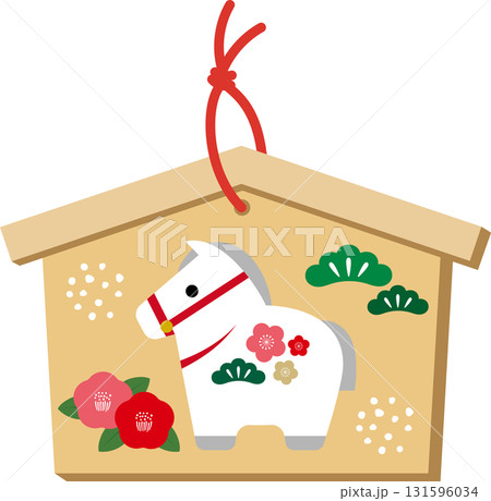 2026年令和8年お正月の午年の年賀状デザイン　馬の絵馬イラスト1 131596034