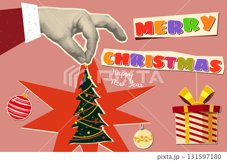 Christmas and New Year vintage background. Hand of Santa Claus hold Christmas tree 131597180