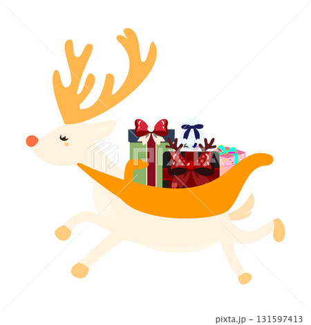 シンプルで可愛いトナカイが背中にクリスマスプレゼントを運んでいるシーンを描いたアイコン素材 シンプルで可愛いトナカイが背中にクリスマスプレゼントを運んでいるシーンを描いたアイコン素材 131597413