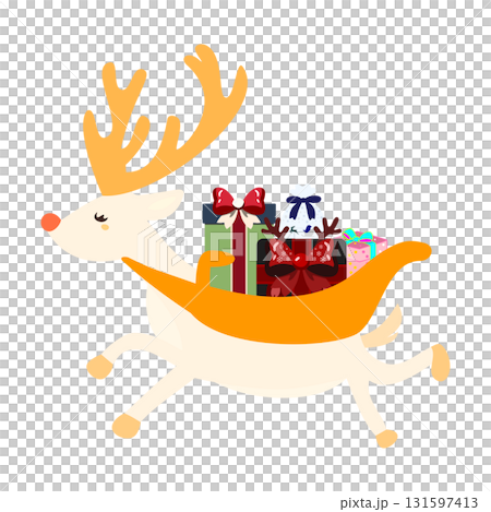 シンプルで可愛いトナカイが背中にクリスマスプレゼントを運んでいるシーンを描いたアイコン素材 シンプルで可愛いトナカイが背中にクリスマスプレゼントを運んでいるシーンを描いたアイコン素材 131597413