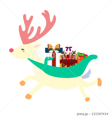 ブラウンのトナカイと緑のプレゼント（ユニークな表情・冬アイコン） 131597414
