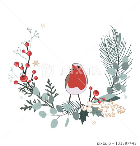 Floral Christmas wreath frame with cute robin bird. Winter foliage decoration, Xmas card. Vector isolated illustration. Floral Christmas wreath frame with cute robin bird. Winter foliage decoration, Xmas card. Vector isolated illustration. 131597445