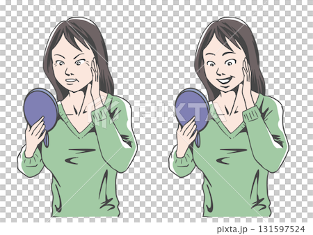 Before and after of a middle-aged woman concerned about wrinkles on her skin 131597524