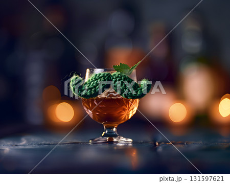 cocktail glass with green mustache accessory and warm background lights 131597621