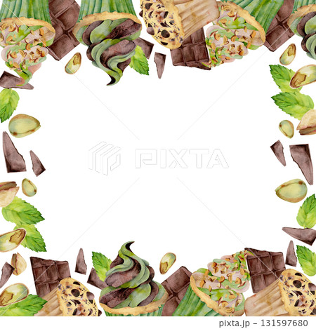 Watercolor cupcakes, muffins with rich chocolate and mint whipped cream frosting, crushed pistachio nuts. Hand painted isolated border illustration. Culinary frames, bistro menus, festive food cards. 131597680
