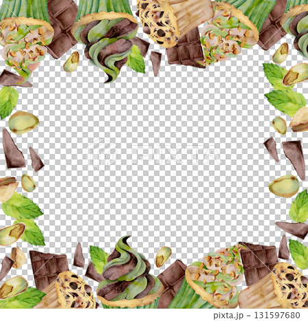 Watercolor cupcakes, muffins with rich chocolate and mint whipped cream frosting, crushed pistachio nuts. Hand painted isolated border illustration. Culinary frames, bistro menus, festive food cards. 131597680
