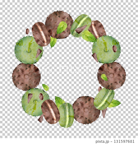 French macarons with scattered mint leaves, bonbon cocoa candy, chocolate bar bits in circle. Isolated hand drawn dessert wreath illustration in watercolor. Frame motif for party menus, dessert labels 131597681