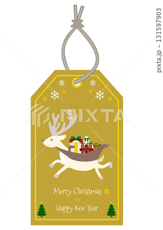ゴールドのトナカイ付きクリスマスタグ（豪華・エレガント） 131597903