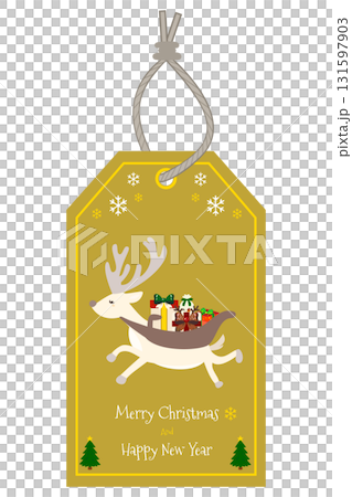 ゴールドのトナカイ付きクリスマスタグ（豪華・エレガント） 131597903