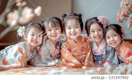 Girl group wearing Japanese traditional kimono clothes in studio, Concept of cultures decorated with Sakura Cherry blossom 131597992