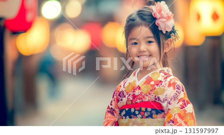 Smiling japanese girl walking in the village with blurred bokeh background, wearing pink color japanese traditional kimono costumes in Kyoto Spring, Concept of cultures 131597997