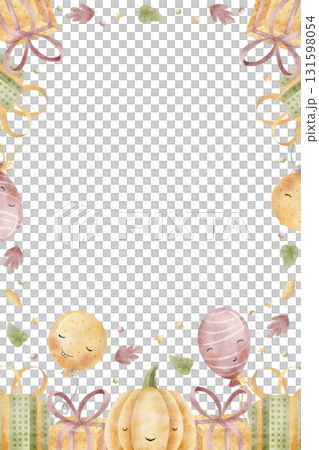 Frame pumpkin, gifts, balloons, autumn leaves. Hand-drawn watercolor illustration in childish Halloween style, isolated from background for design invitations, cards, templates greetings party holiday Frame pumpkin, gifts, balloons, autumn leaves. Hand-drawn watercolor illustration in childish Halloween style, isolated from background for design invitations, cards, templates greetings party holiday 131598054
