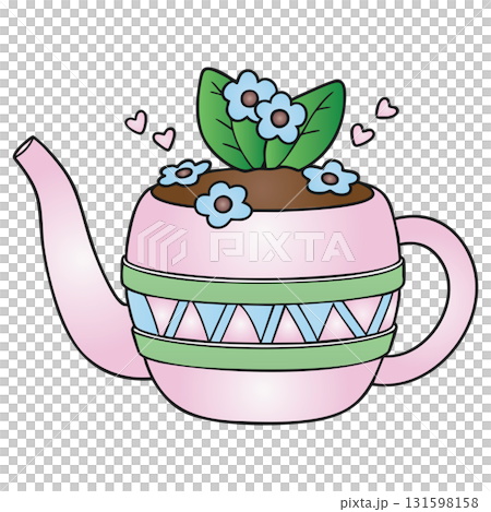 Pink Teapot Planter with Flowers Illustration on Transparent Background Pink Teapot Planter with Flowers Illustration on Transparent Background 131598158