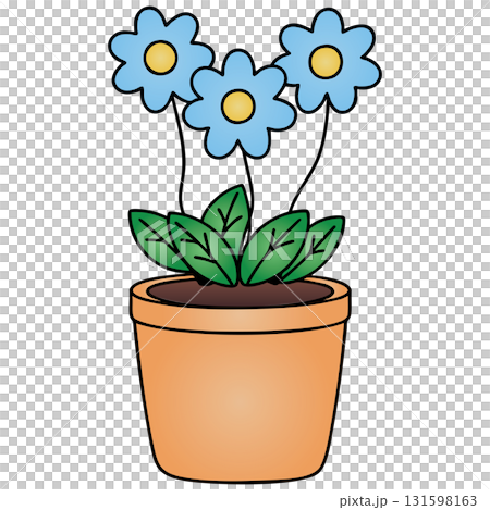 Simple Blue Flowers in Terracotta Pot on Transparent Background 131598163
