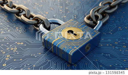 A blue and gold padlock secured by a chain on a circuit board background depicting data security A blue and gold padlock secured by a chain on a circuit board background depicting data security 131598345