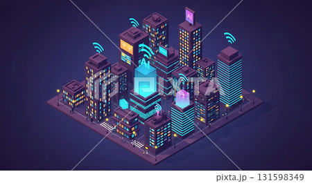 Isometric city illustration with glowing buildings and ai signs on a dark purple background scene style 131598349
