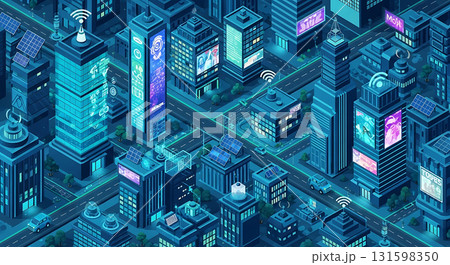 Isometric view of a futuristic city with glowing buildings and streets at nighttime in blue tones 131598350