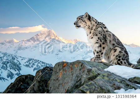 Snow leopard perched on rocks with snow-capped mountains behind big cat wild animal 131598364