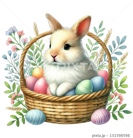 Cute rabbit sitting in a woven basket surrounded by colorful Easter eggs and flowers. 131598598