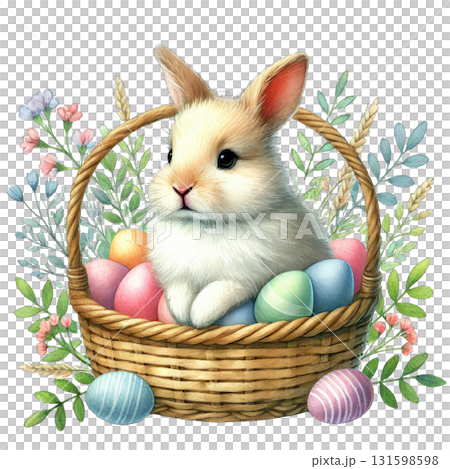 Cute rabbit sitting in a woven basket surrounded by colorful Easter eggs and flowers. 131598598