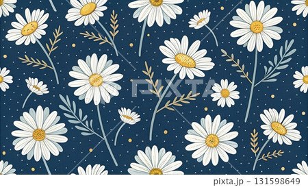 Seamless pattern of white daisy flowers with yellow centers background  131598649
