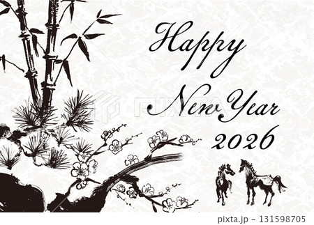 2026年　午年　年賀状用はがきテンプレート　干支の馬の筆手書きイラスト 131598705