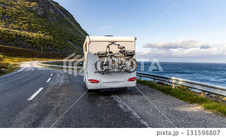 Family vacation travel RV, holiday trip in motorhome, Caravan car Vacation. Beautiful Nature Norway. 131598807
