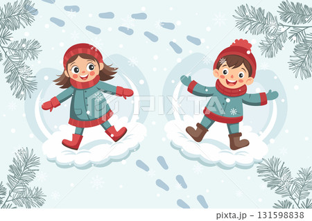 Happy children making snow angels on a snowy day. Cute little boy and girl in the snow. Illustration. Happy children making snow angels on a snowy day. Cute little boy and girl in the snow. Illustration. 131598838