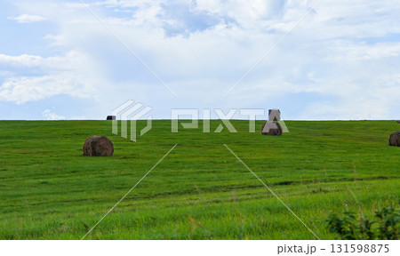 Hay bale on green field under dramatic clouds and blue sky, rural landscape, summer day Hay bale on green field under dramatic clouds and blue sky, rural landscape, summer day 131598875