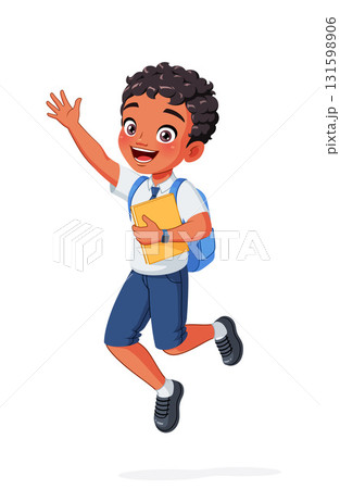 Happy young Indian school boy is jumping excitedly and waving his hand. Cartoon vector illustration. Happy young Indian school boy is jumping excitedly and waving his hand. Cartoon vector illustration. 131598906