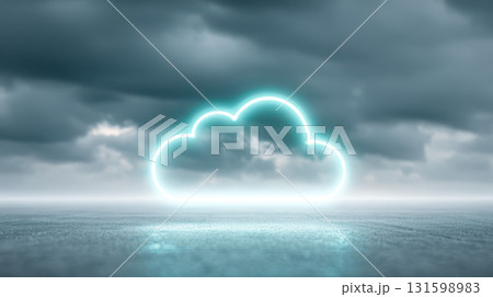 Cloud computing icon glowing in vibrant teal center, digital technology, futuristic, moody sky 131598983