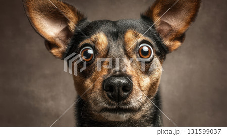 Close-up portrait of a surprised small dog with big round eyes and pointed ears on a neutral background 131599037
