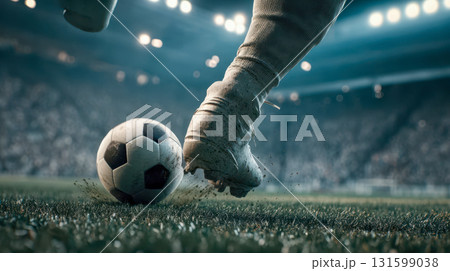 Powerful close-up of a soccer player's leg kicking a ball on a grass field under stadium lights, dynamic sports action Powerful close-up of a soccer player's leg kicking a ball on a grass field under stadium lights, dynamic sports action 131599038
