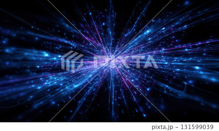 Explosive burst of blue and purple light rays, futuristic abstract energy flow in dark space Explosive burst of blue and purple light rays, futuristic abstract energy flow in dark space 131599039