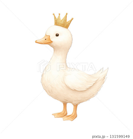Cute white duckling with golden crown standing happily Cute white duckling with golden crown standing happily 131599149