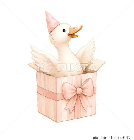 Cute duckling with party hat in gift box with bow Cute duckling with party hat in gift box with bow 131599197