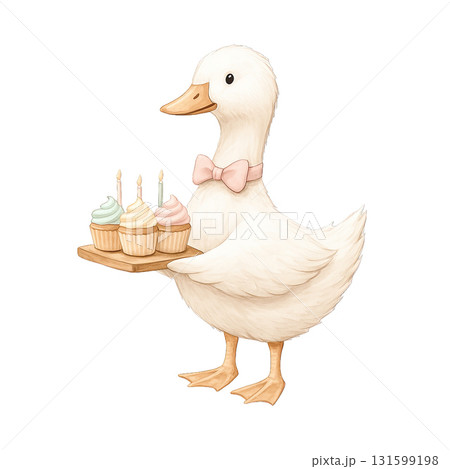 Cute duck holding cupcakes with candles and wearing bow tie Cute duck holding cupcakes with candles and wearing bow tie 131599198